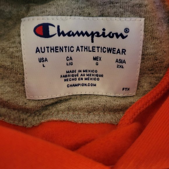 Champion Powerblend Fleece Camo Camouflage Orange Hoodie Sweatshirt Script Logo - Picture 13 of 15